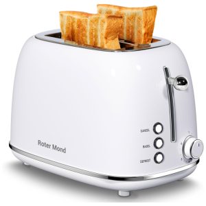 Torradeira Roter Mond inox branca 2 fatias vintage 6 níveis bagel/defrost/cancel ranhuras largas bandeja removível 825W acabamento brilhante 110V