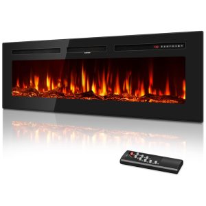 Lareira Elétrica de 152 cm Embutida ou de Parede Ultrafina Aquecedor Linear 750/1500W com Chama Realista Alta Temperatura Baixo RuídoTehanld