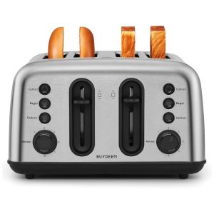 Torradeira BUYDEEM DT440 4 Fatias em Aço Inoxidável com Slots Extra Largos para Bagels e Muffins Controle de Tostagem Design Retro Prateado
