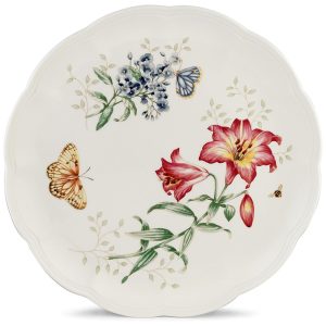 Prato de Jantar de 27 cm com Tema Flores e Borboletas Formato Quadrado e Material de Porcelana Lenox Branco Colorido