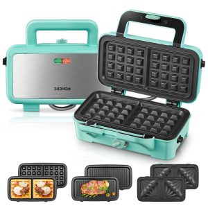 Sanduicheira Waffle Maker 3 em 1 FOHERE Azul Esverdeado 1200W Placas Removíveis 110V