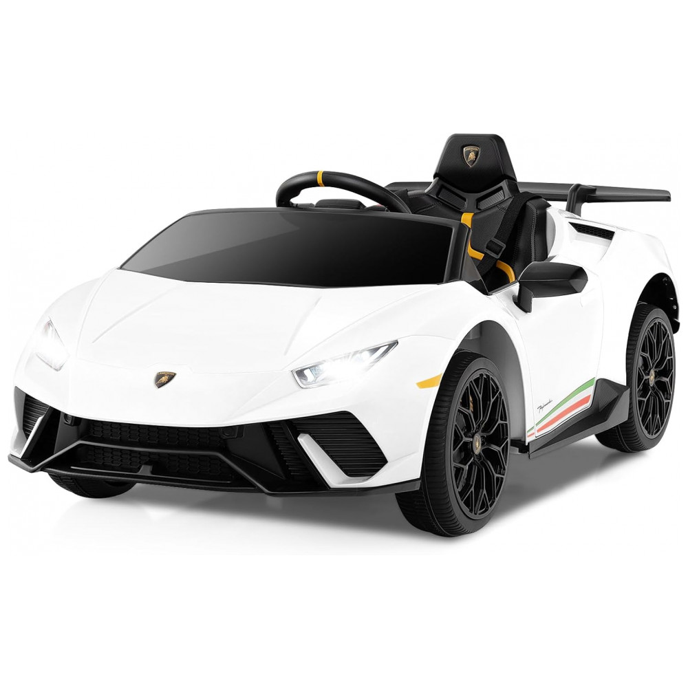 Carro Elétrico Infantil Licenciado Lamborghini Huracan OLAKIDS Branco 12V com Controle Remoto 2 Velocidades Suspensão Bluetooth e USB