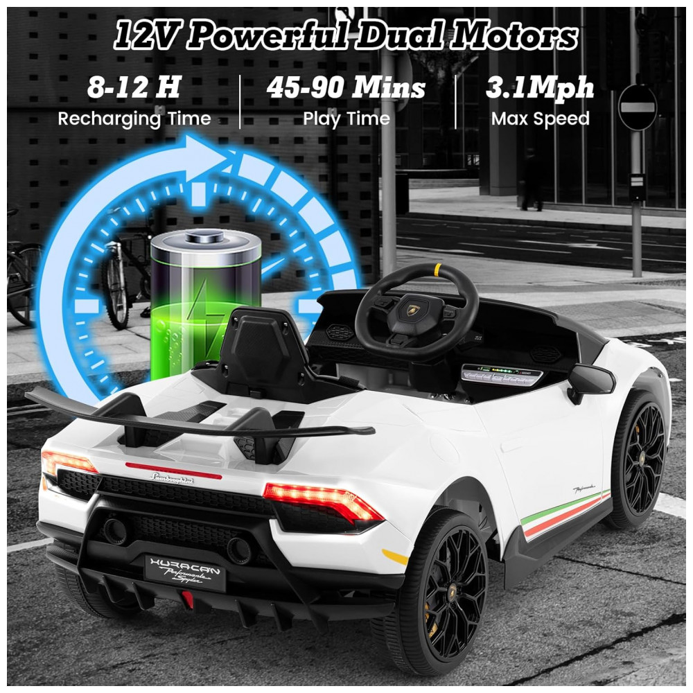 Carro Elétrico Infantil Licenciado Lamborghini Huracan OLAKIDS Branco 12V com Controle Remoto 2 Velocidades Suspensão Bluetooth e USB - Imagem 4