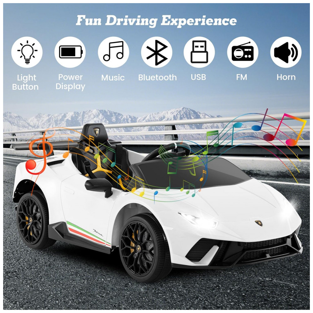 Carro Elétrico Infantil Licenciado Lamborghini Huracan OLAKIDS Branco 12V com Controle Remoto 2 Velocidades Suspensão Bluetooth e USB - Imagem 5