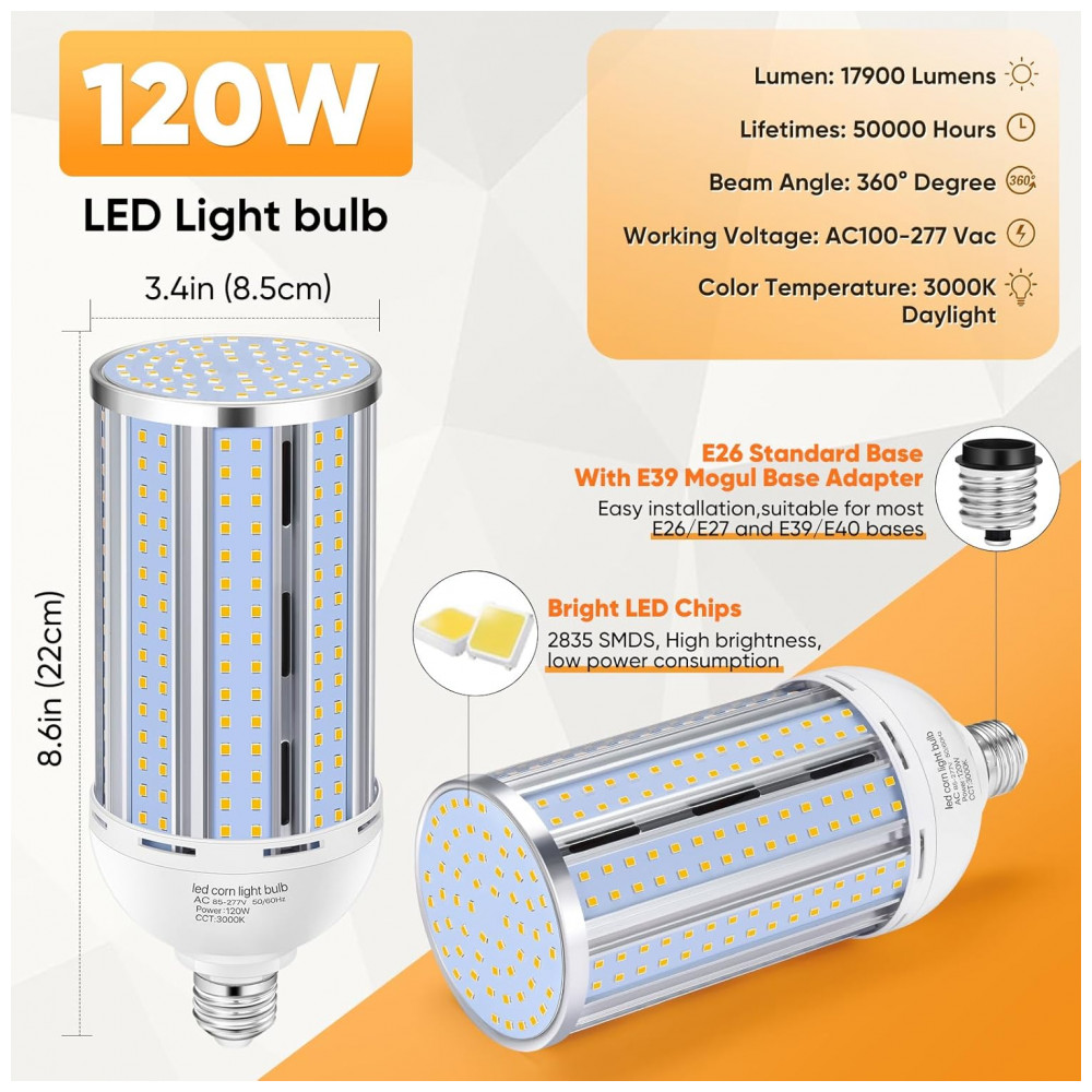 Lâmpada de LED em Formato de Milho 2 Pack 120W - Branco Quente 3000K 1200W Equivalente - Base E26/E39 Mogul Grande - 15.800LM,XYCN - Imagem 3