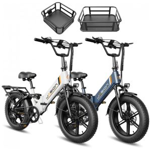 Kit 2 bicicletas elétricas dobráveis Jasion X-Hunter ST branca e azul cestos pneus 20x4 motor 750W pico 1400W bateria 48V 13Ah 70 km 110V