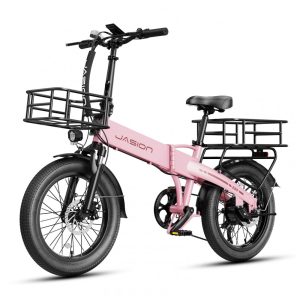 Bicicleta elétrica dobrável Jasion EB6 rosa com cesto pneus 20x25 motor 500W pico 1000W bateria 48V 105Ah 7 marchas quadro em alumínio 110V