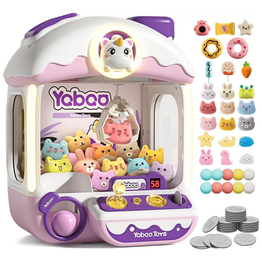 Máquina de Garra Roxa e Lilás Vanvimen – Mini Arcade Infantil Tema Unicórnio com 10 Pelúcias, 10 Ovos, 24 Moedas, Música e Luzes