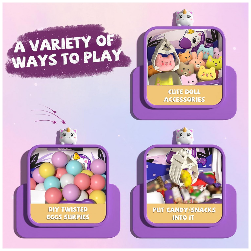 Máquina de Garra Roxa e Lilás Vanvimen – Mini Arcade Infantil Tema Unicórnio com 10 Pelúcias, 10 Ovos, 24 Moedas, Música e Luzes - Imagem 3