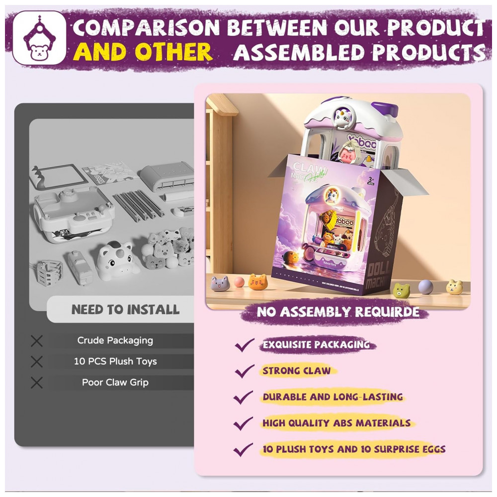 Máquina de Garra Roxa e Lilás Vanvimen – Mini Arcade Infantil Tema Unicórnio com 10 Pelúcias, 10 Ovos, 24 Moedas, Música e Luzes - Imagem 5