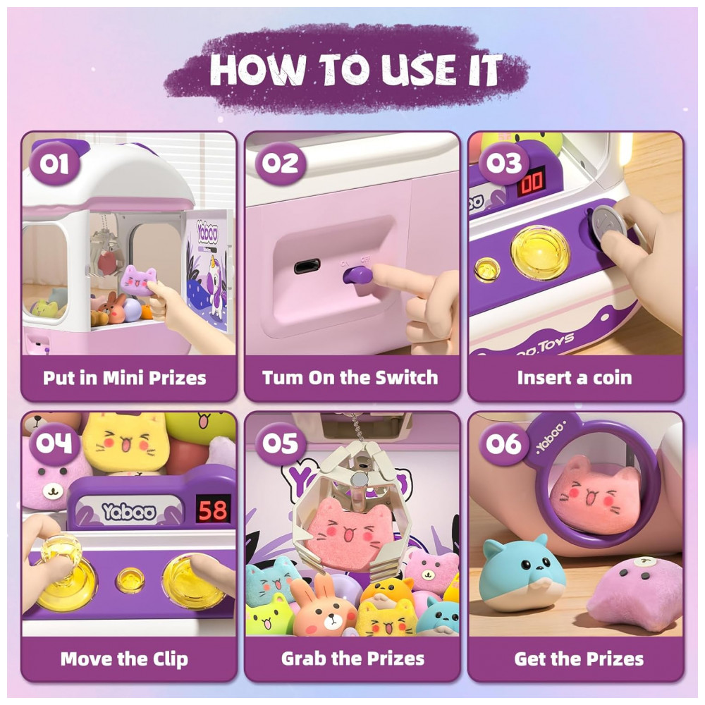 Máquina de Garra Roxa e Lilás Vanvimen – Mini Arcade Infantil Tema Unicórnio com 10 Pelúcias, 10 Ovos, 24 Moedas, Música e Luzes - Imagem 8