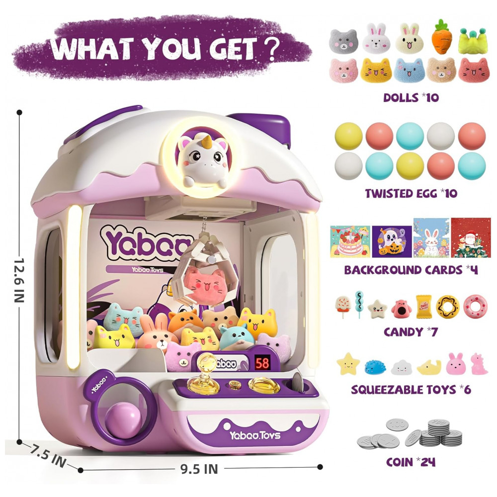 Máquina de Garra Roxa e Lilás Vanvimen – Mini Arcade Infantil Tema Unicórnio com 10 Pelúcias, 10 Ovos, 24 Moedas, Música e Luzes - Imagem 9