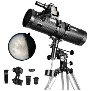 Telescópio Astronômico 65x com Adaptador de Celular Lente Barlow 15X e Filtro de Lua SOLOMARK 130EQ Preto