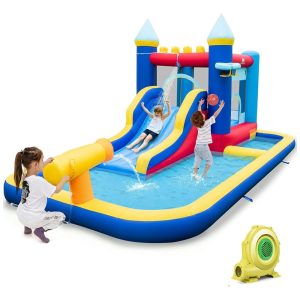 Parque Aquático Inflável BOUNTECH com Escorregador e Piscina de Água Diversão Molhada e Seca para Crianças - 3 em 1: Piscina Basquete e Escalada.