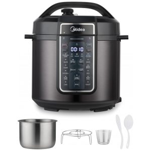 Panela Elétrica de Pressão Midea 12 em 1 6 Litros 12 Programas Panela de Arroz Vaporizador Frigideira Iogurteira e Mais Aço Inoxidável Preto