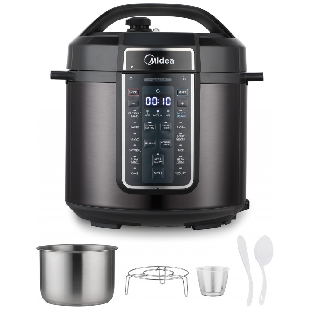 Panela Elétrica de Pressão Midea 12 em 1 6 Litros 12 Programas Panela de Arroz Vaporizador Frigideira Iogurteira e Mais Aço Inoxidável Preto