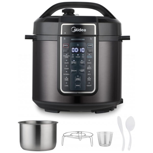 Panela Elétrica de Pressão Midea 12 em 1, 6 Litros, 12 Programas, Panela de Arroz, Vaporizador, Frigideira, Iogurteira, e Mais, Aço Inoxidável Preto