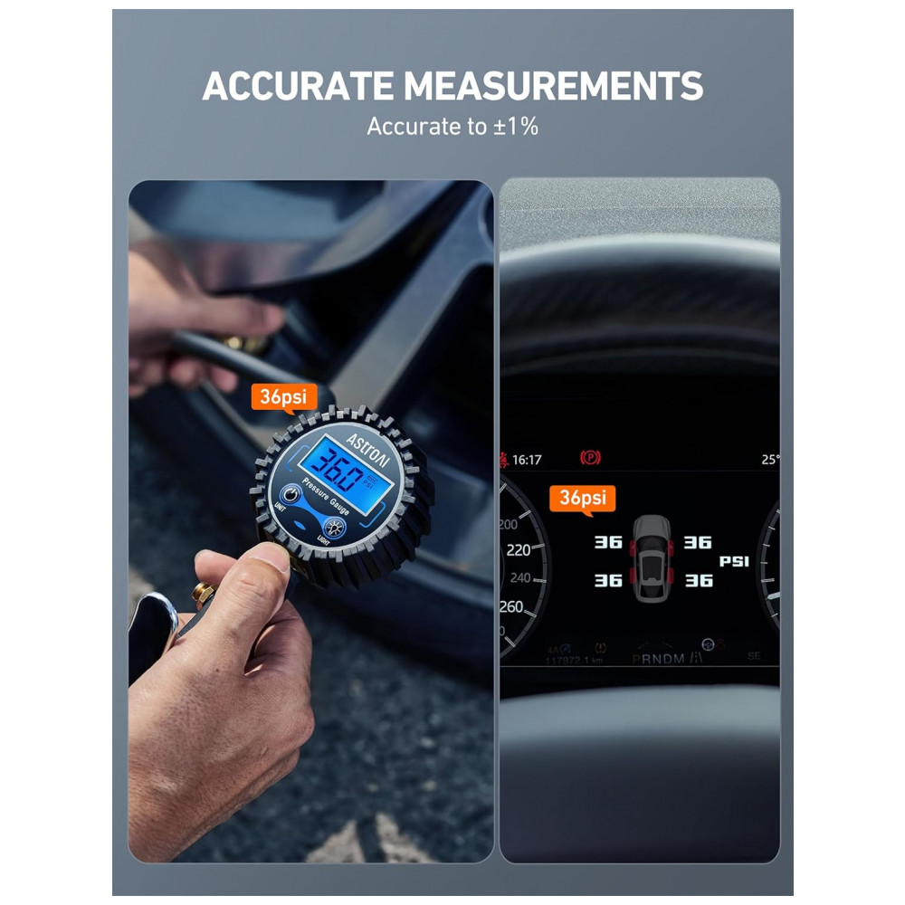 Medidor de Pressão Digital AstroAI com Inflador até 3250 PSI, Precisão de 0,1, Mangueira de Borracha e Engate Rápido, - Imagem 2