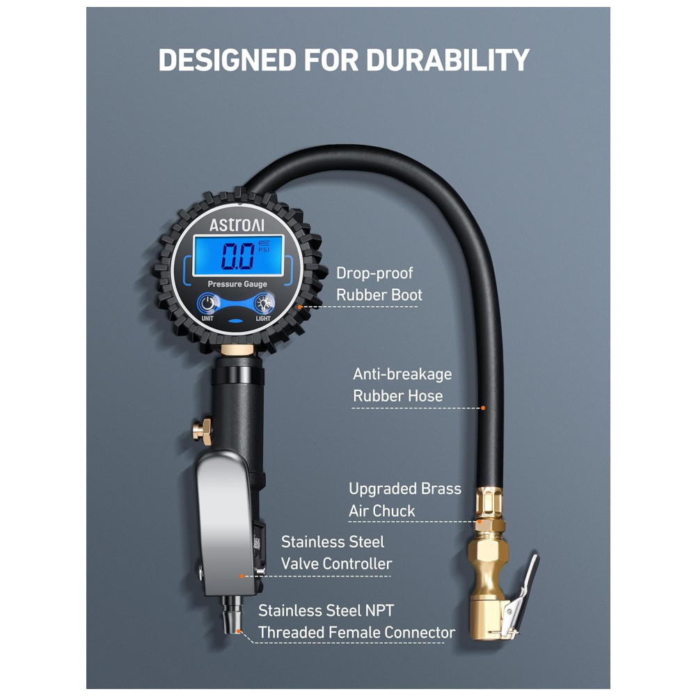 Medidor de Pressão Digital AstroAI com Inflador até 3250 PSI, Precisão de 0,1, Mangueira de Borracha e Engate Rápido, - Imagem 4