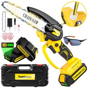 Mini Motoserra Elétrica Portátil com Lubrificação Automática e 2 Baterias de 21V 2000mAh Zeeksaw Amarela