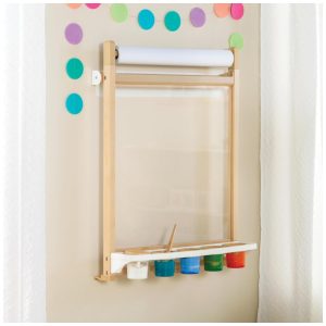 Cavalete infantil de parede Guidecraft Natural com bandeja para tinta rolo de papel e painel acrílico magnético
