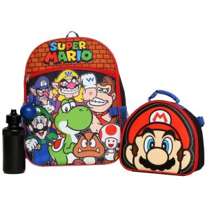Mochila Escolar Infantil 40cm Nintendo Super Mario Bros 4 Peças com Lancheira para Crianças Vermelha
