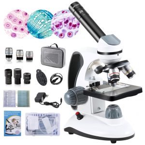 Microscópios Monocular 40X 2000X para Crianças Estudantes e Adultos com Lâminas Preparadas e Acessórios Crspexil Branco