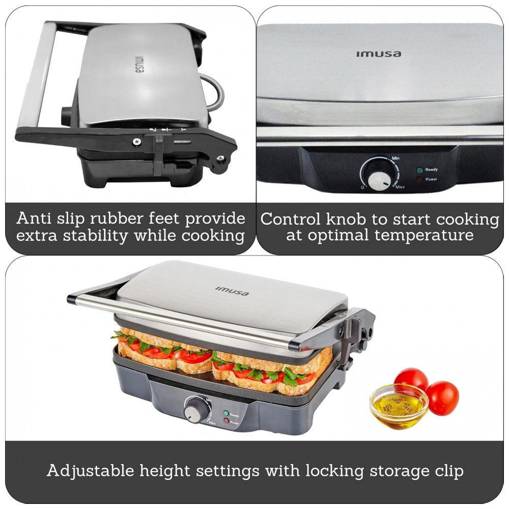 Prensa de Panini Elétrica IMUSA em Aço Inoxidável com Controle de Temperatura Ajustável e Placas Antiaderentes, 1200W Grande Antiaderente - Imagem 3