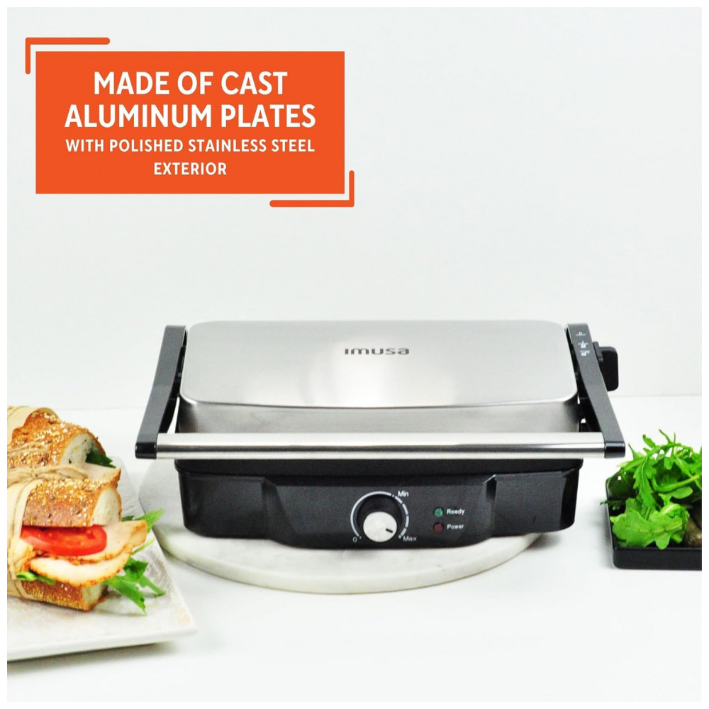 Prensa de Panini Elétrica IMUSA em Aço Inoxidável com Controle de Temperatura Ajustável e Placas Antiaderentes, 1200W Grande Antiaderente - Imagem 4