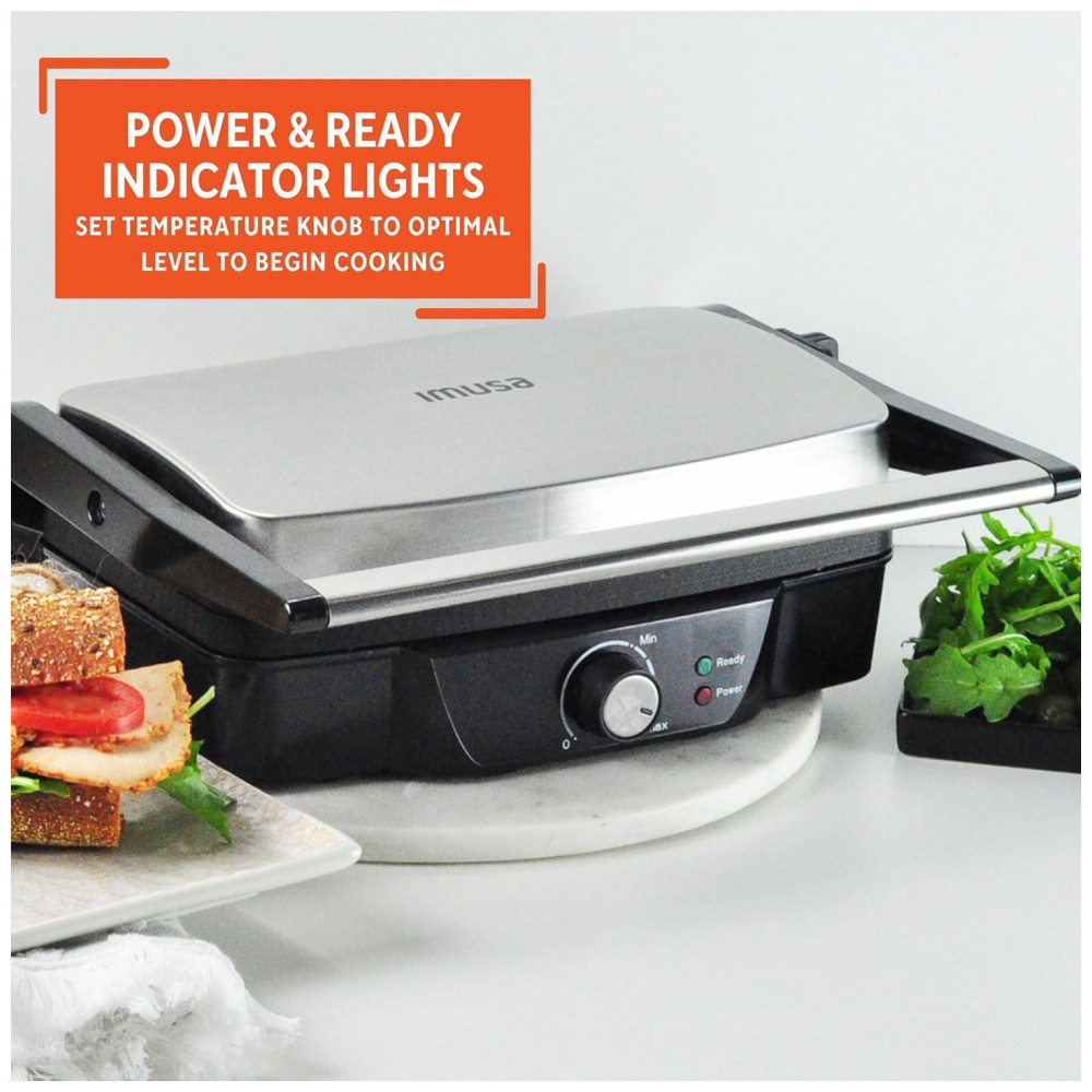 Prensa de Panini Elétrica IMUSA em Aço Inoxidável com Controle de Temperatura Ajustável e Placas Antiaderentes, 1200W Grande Antiaderente - Imagem 5