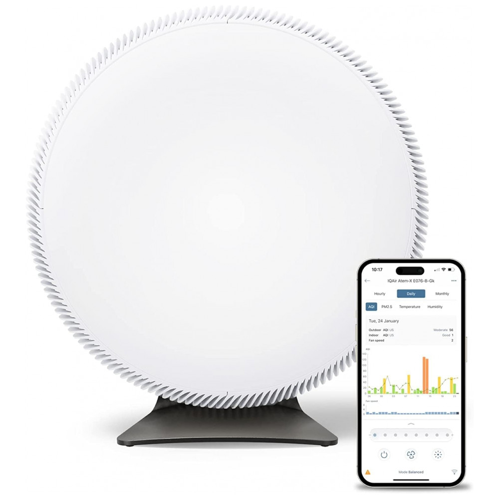 Purificador de Ar Inteligente IQAir Atem X para Ambientes Grandes de até 153m² Controle via App WiFi Filtros HyperHEPA contra Fumaça de Incêndios Fl