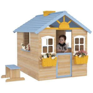 Casa de Madeira para Crianças Outsunny Ideal para Brincadeiras ao Ar Livre com Porta Janelas Banco e Estação de Serviço