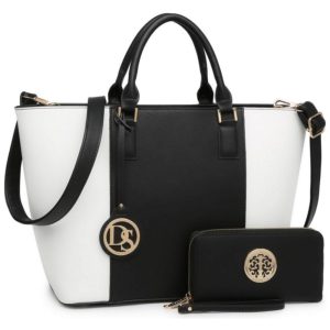 Bolsa de Ombro Feminina com Aça Superior e Carteira e Branca DASEIN KC XL 02 6417W BK WT Preto