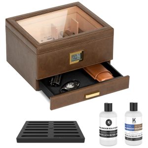 Umidor de Charutos Belmont da CASE ELEGANCE com Sistema Prático de Umidificação Cedro Resistente Medidor de Umidade Digital Revestimento em Couro Marrom Capacidade