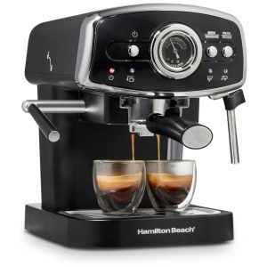 Máquina de Café Expresso 15 Bar com Bocal de Leite 2 Bicos e Reservatório Removível 110V 1050W Hamilton Beach Slide Lock Preta
