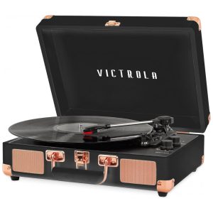 Toca Discos Vintage com 3 Velocidades Bluetooth Alto Falantes Embutidos Victrola VSC550BTBRG Preto e Ouro Rosa