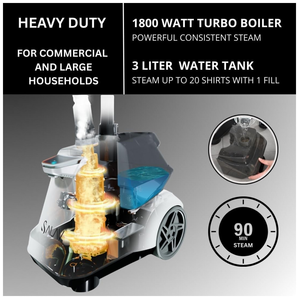 SALAV Vaporizador de Roupas Comercial de Tamanho Grande - Modelo Pesado, Com Pedais e Reservatório de Água Extra Grande de 3L (101,5 oz), 1800 watts, - Imagem 4