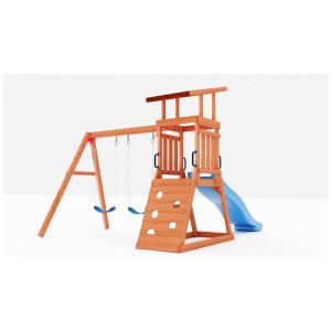 Conjunto de Balanço Infantil Dolphin Playground T Madeira Cedro Natural com Escorregador 183m Caixa de Areia e Parede de Escalada Capacidade 181 kg﻿