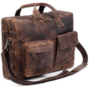 Bolsa Carteiro Masculina Couro de Búfalo para Laptop com 18 Polegadas Komal s Passion Leather Marrom