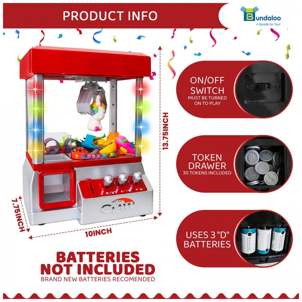 Máquina de Garra Mini Arcade Bundaloo Vermelha com Som e Luzes – Dispensador de Doces e Brinquedos para Crianças - Imagem 3