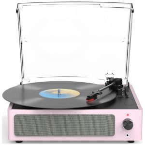 Toca-discos para Vinil com Alto-falantes Bluetooth Design Elegante em Rosa Claro - WOCKODER