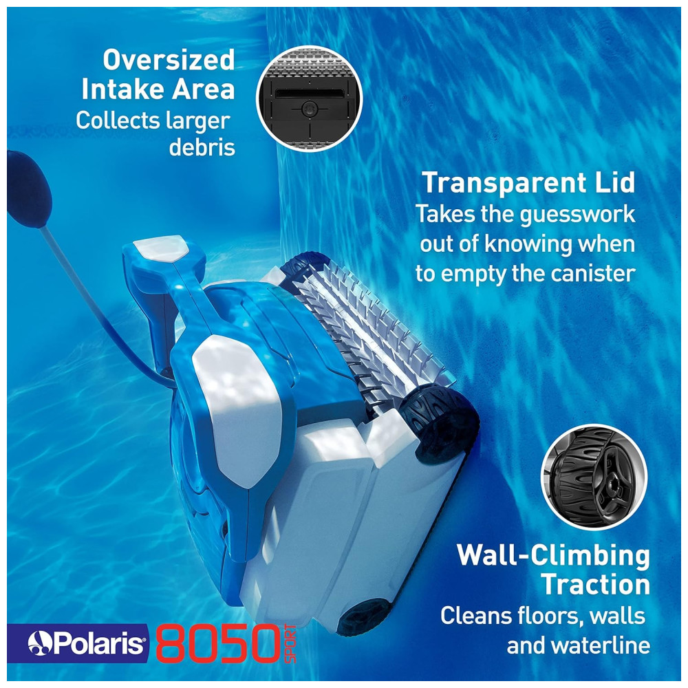Robô Aspirador de Piscina com Cabo Escalada de Parede Sucção Forte e Tampa Transparente para Piscinas até 12m2 110V Polaris F8050 Azul - Imagem 3