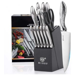 Conjunto de Facas em Aço Inoxidável com Bloco de Bancada e Afiador Embutido 14 Peças HISSF Prata