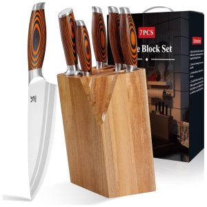 Conjunto de Facas em Aço Inoxidável com Bloco de Bancada e Cabo Pakkawood 7 Peças MSY BIGSUNNY Marrom