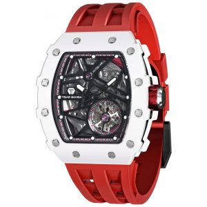Relógio Masculino Analógico Automático Mecânico a Prova dÁgua 50M com Pulseira de Silicone TSAR BOMBA SGLZTB8209 TC Vermelho e Branco
