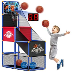 Jogo de Basquete Arcade Infantil com 4 Bolas Placar Eletrônico e Altura Ajustável para Ambientes Internos e Externos Flybakiz Azul