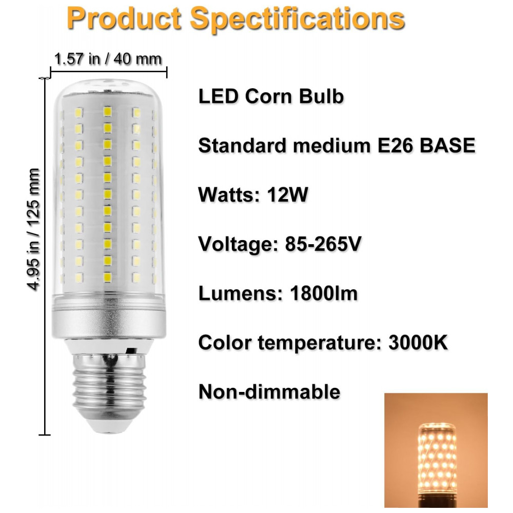 RA RAYHOO Lâmpadas LED 12W, Equivalente a 100-150W Incandescente, Base E26/E27, 1800 Lumens, Luz Branca Quente 3000K, Não Dimável, Kit com 2 unidades - Imagem 2