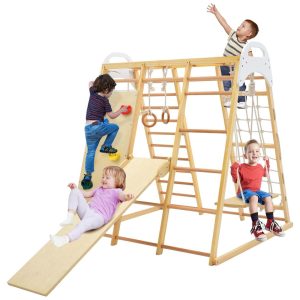 Playground GLACER Ginásio Indoor 8 em 1 Trepa-Trepa de Madeira com Escorregador Balanço Barras de Macaco Escada de Corda Rocha de Escalada.