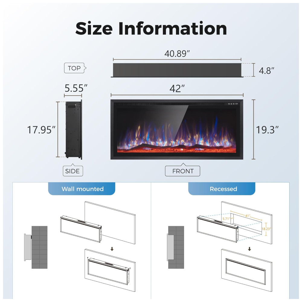 Lareira Elétrica de Parede MAISON ARTS 106 cm para Uso Interno Controle Remoto Tela Touch 1500/750W Chama LED Ajustável - Imagem 2