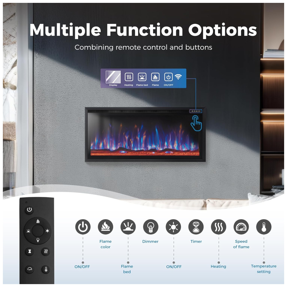 Lareira Elétrica de Parede MAISON ARTS 106 cm para Uso Interno Controle Remoto Tela Touch 1500/750W Chama LED Ajustável - Imagem 3